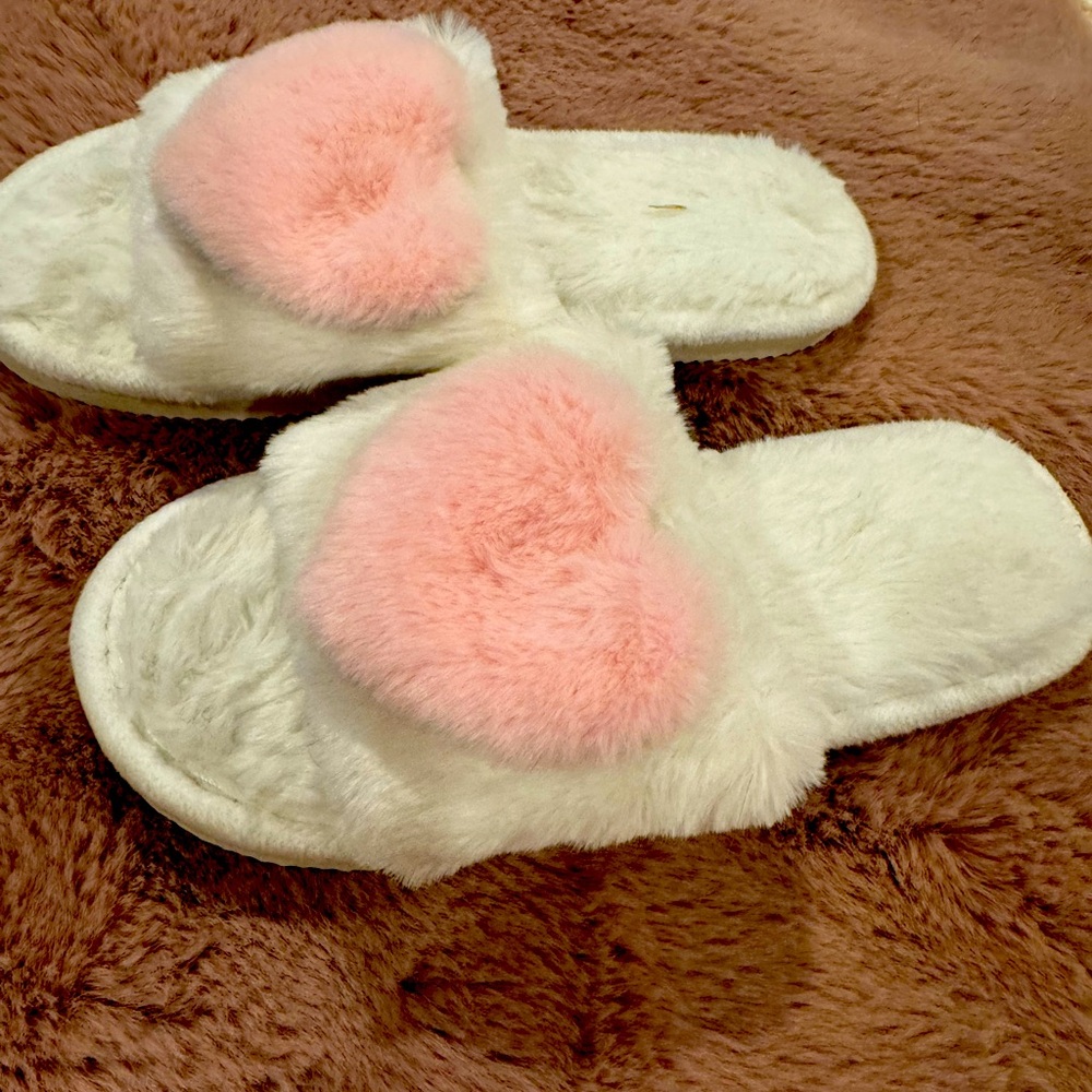 Fluffy White and Pink Heart Slippers